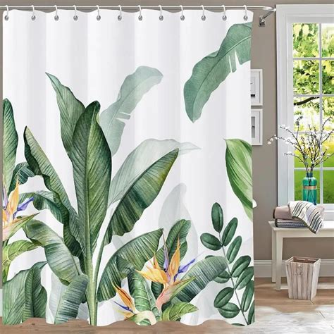 Tropical Green Plants Leaves Shower Curtain Watercolour Banana Monstera