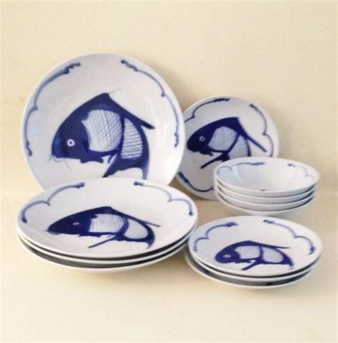 Chinoiserie Blue And White Koi Fish Dish Set Plates Bowls Hand Painted