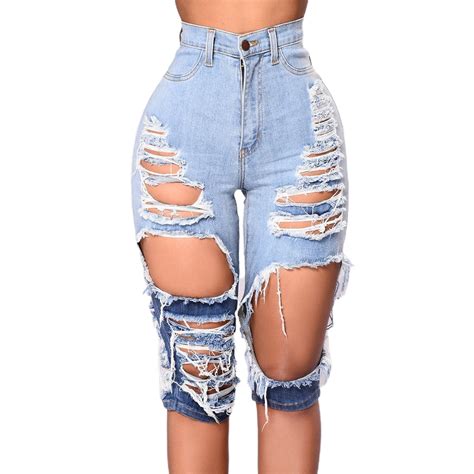 Female Ripped Jeans Fashionable High Waist Jeans Close Fitting Pants