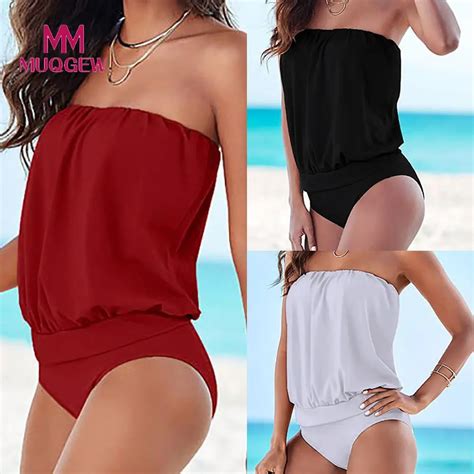 Muqgew 2018 Newest Women Strapless Bandeau Tops Swimwear Tankini Beach