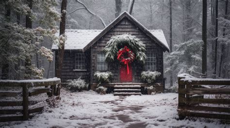 A Snow Blanketed Cabin In The Woods Smoke Curling From Its Brick