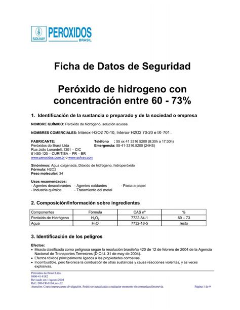 Ficha de Datos de Seguridad Peróxido de hidrogeno con