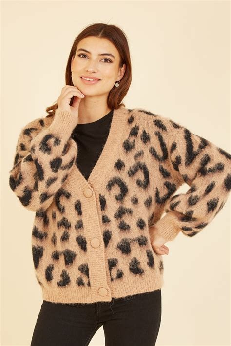 Yumi Brown Leopard Intarsia Button Up Cardigan Yumi