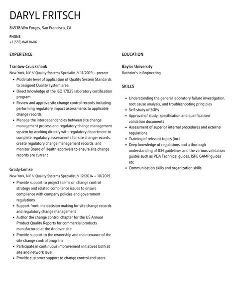 Quality Systems Specialist Resume Samples Velvet Jobs