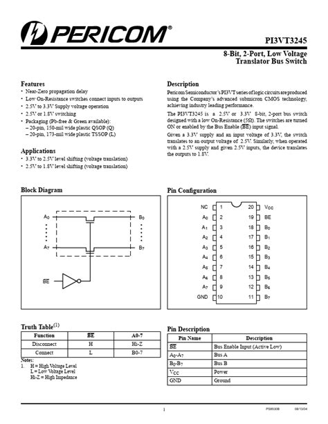 PI3VT3245LE Datasheet 8 Bit 2 Port Low Voltage Translator Bus SWITCH