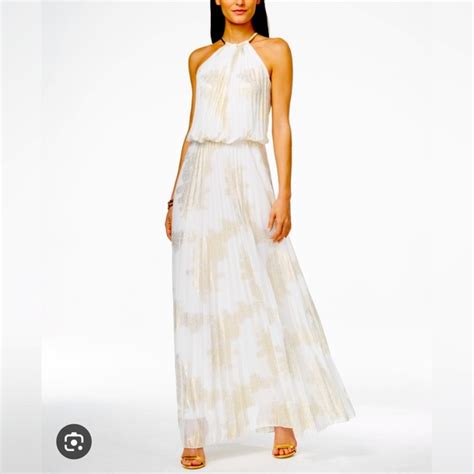 Msk Dresses Msk Gold White Metallic Pleated Halter Blouson Gown