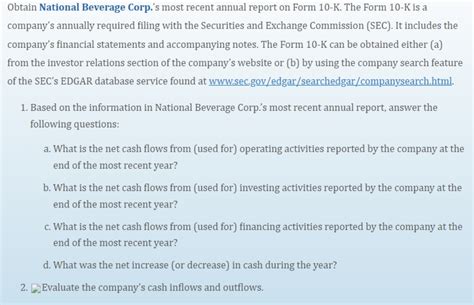 Obtain National Beverage Corp S Most Recent Annual Chegg