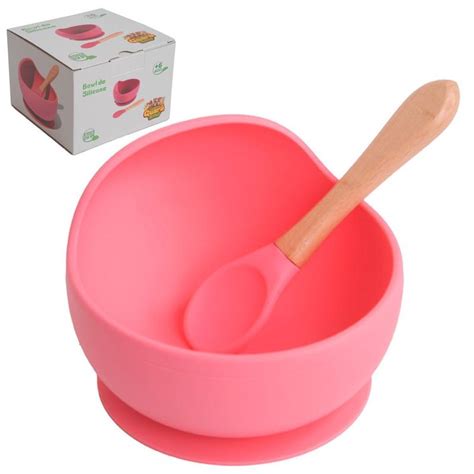 Bowl Tigela Prato Pratinho Infantil De Silicone Rosa Beb Colher E