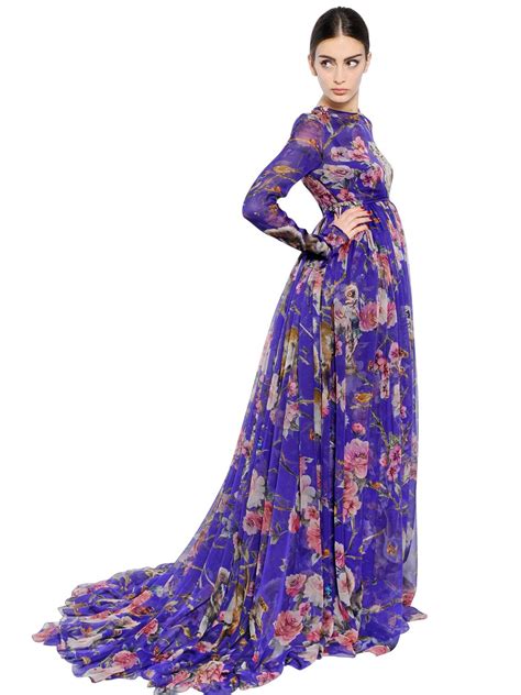 Dolce And Gabbana Floral Printed Silk Chiffon Dress In Purple Lyst