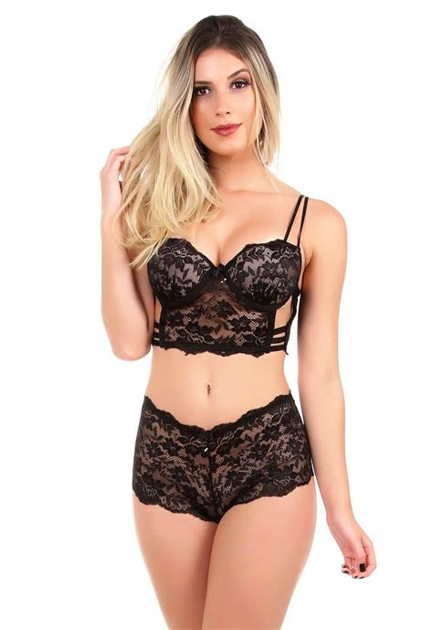 Conjunto IMI Lingerie Cropped Caleçon Em Renda Ariela Preto Conjunto