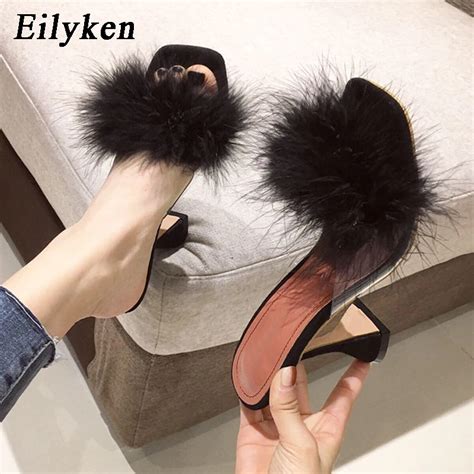 Eilyken Feather High Heels Fur Slippers Sandals Women Square Toe Mules