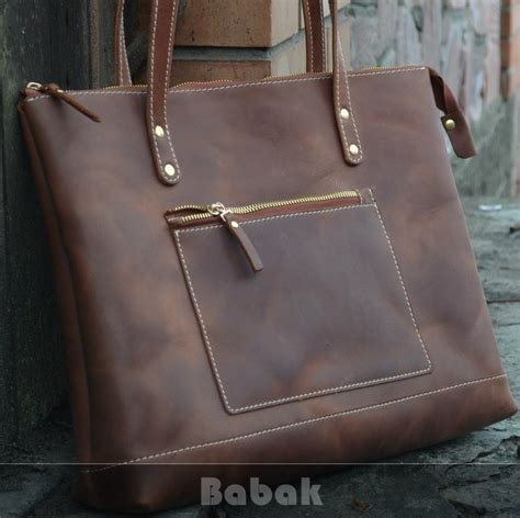 Leather Tote Bag Zipper Zipper Bag Large Cognac Tote