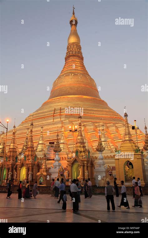 Myanmar Yangon Shwedagon Pagoda People Night Illuminated Stock