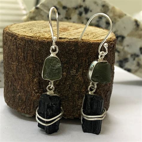 Authentic Raw Moldavite And Black Tourmaline Earring In Sterling