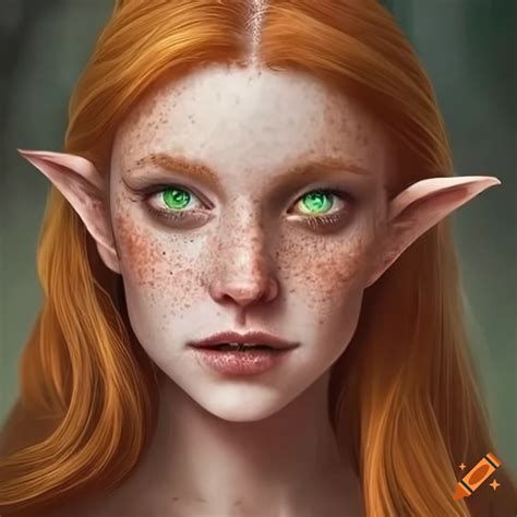 Portrait Of An Auburn Haired Elven Woman With Green Eyes And Freckles