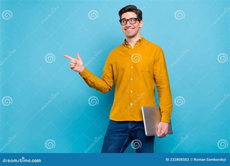 Photo Of Cool Brunet Hr Man Hold Laptop Indicate Empty Space Wear