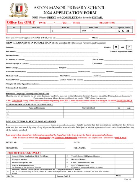 Fillable Online Aston Manor Primary School 2024 APPLICATION FORM Fax