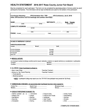 Fillable Online Ross Osu Camp Health Form Osu Extension Ross County