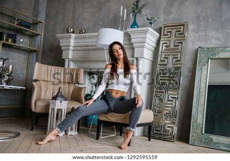Beautiful Sexy Brunette Girl Jeans Lingerie Stock Photo Edit Now 1292595559