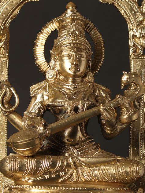 Devi Saraswati Seated On Kirtimukha Throne Hoysala Bronze Statue