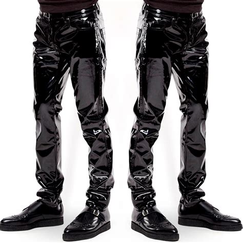 Black Mens Glossy Mid Waist Straight Trousers Pants Wet Look Patent