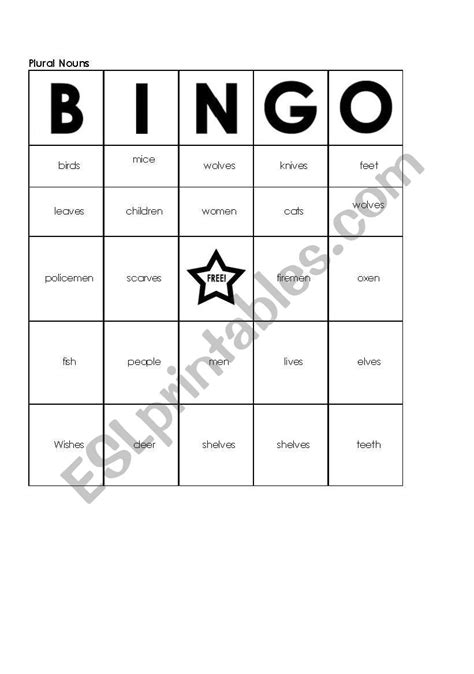 English Worksheets Plural Nouns Bingo Adapted