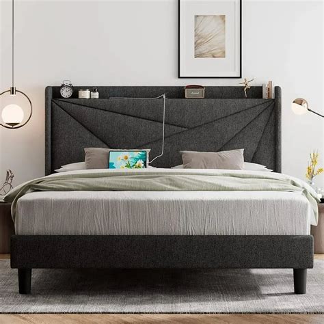 King Size Bed Frame With C Shaped And Usb Ports Padded Platform Bed