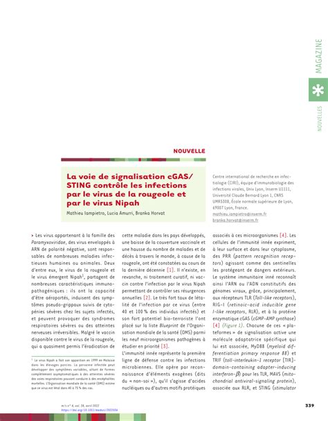 Pdf La Voie De Signalisation Cgas Sting Contr Le Les Infections Par