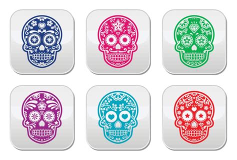 Set Of Dia De Los Muertos Icons Featuring Mexican Sugar Skulls Vector Pattern Halloween Sugar