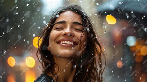 Premium Photo | A beautiful woman smiling and dancing in the rain