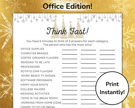 Christmas Think Fast Game, Holiday Office Party Work Game, Team