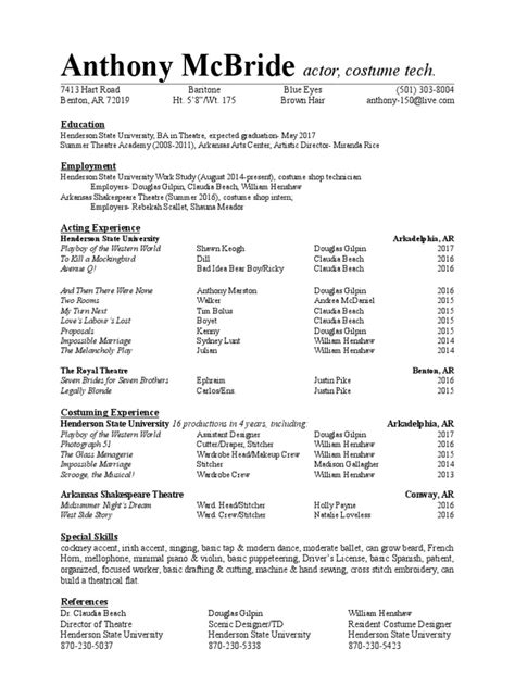 Anthony Mcbride Actor Costume Tech Pdf Theatre Performing Arts