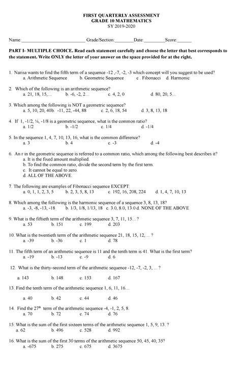 St Periodic Test Math First Quarterly Assessment Grade