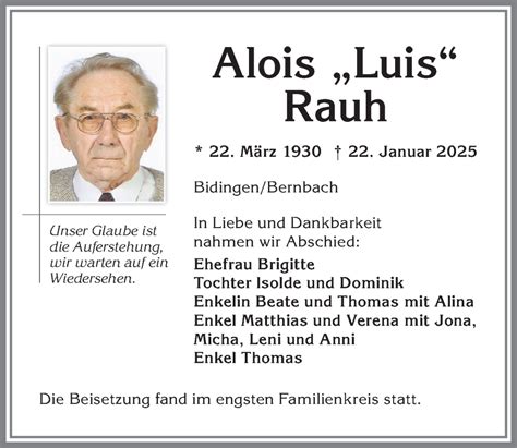 Traueranzeigen von Alois Rauh Allgäuer Zeitung