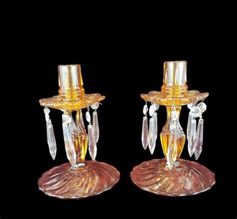 Pair Of Vintage Amber Glass Candlesticks Holders Bid Assets Online