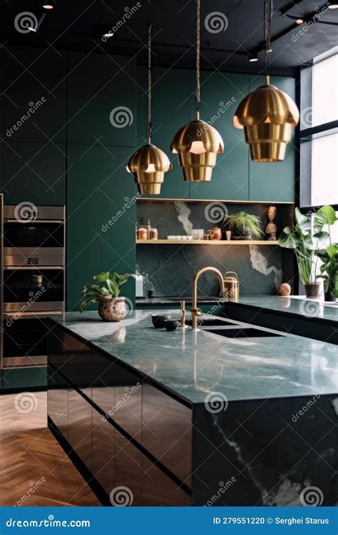 A Kitchen with a Marble Counter Top and Green Cabinets. Generative AI ...