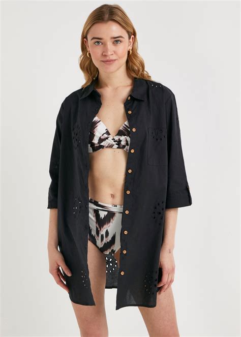 Black Broderie Beach Shirt Matalan