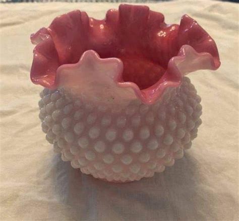 FENTON White Hobnail Vase Peach Blow Crimped Rose Bowl Vase Etsy