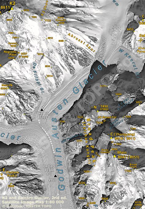 K2 and Baltoro Glacier, satellite image map 1:80 000, SPOT