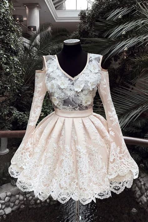 V Neck Lace Short Prom Dress Long Sleeves Homecoming Dress Pfh0292