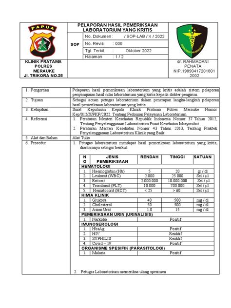 Sop Hasil Pemeriksaan Laboratorium Yang Kritis Pdf