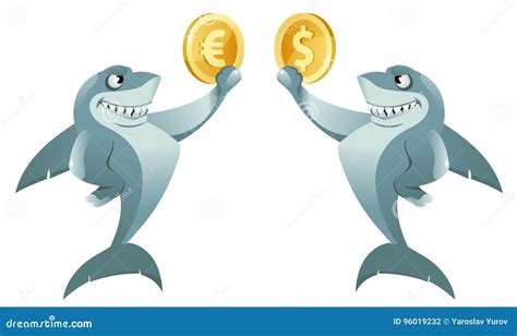 One Shark Holding Dollar Symbol And Another Shark Holding Euro Stock