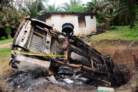 The Car Catches Fire And Overturns In A Pit With Police Lines Editorial Stock Image Image Of