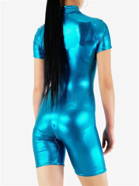 Lake Blue Shiny Metallic Half Length Unisex Catsuit