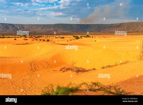 Sand dunes surrounded by old mountain range in Jalapao national park in ...