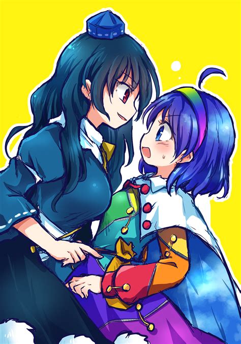 Safebooru Asymmetrical Docking Blue Dress Blue Hair Blush Breast Envy Breast Press Cape Dress