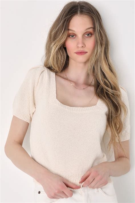 Beige Short Sleeve Sweater Top Cute Top Knit Puff Sleeve Top Lulus