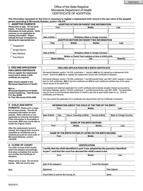 Fillable Online Health State Mn Certificate Of Adoption Application To