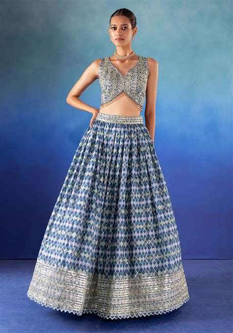 Buy Women Blue Abstract Print Lehenga Set With Embroidered Blouse And