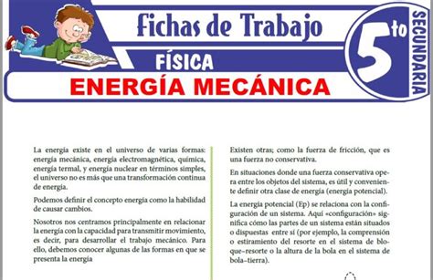 Energía mecánica para Quinto de Secundaria Fichas de Trabajo